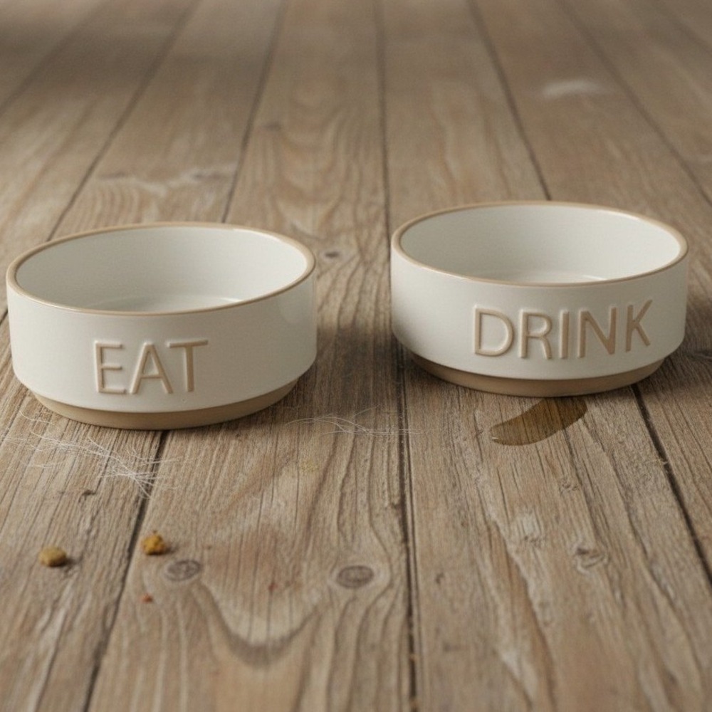 Top Paw Pet Ceramic Dish Eat Drink Off White Tan Beige Grip Bottom Slip Resist*